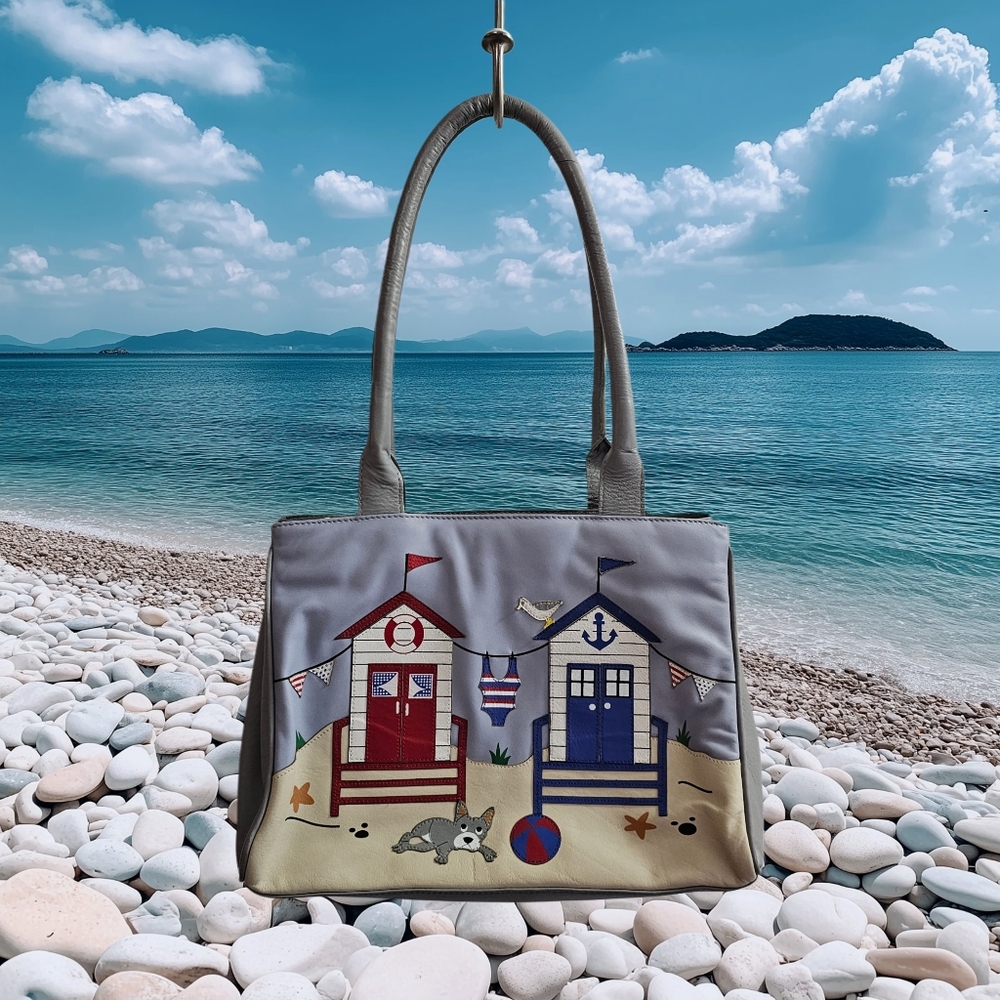 Beach Hut Themed Gray Leather Handbag